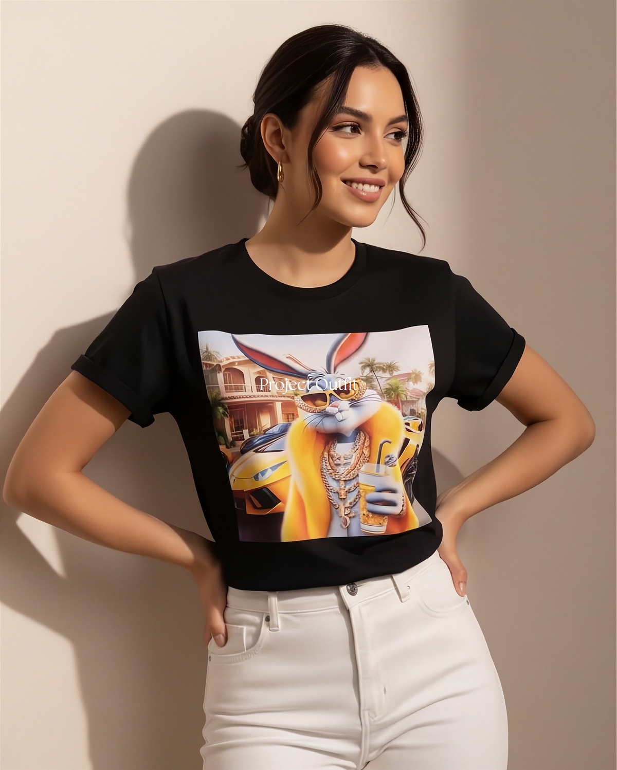 Czarny T-shirt z nadrukiem Bugs Bunny