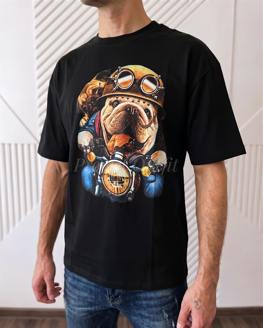 Męski Czarny T-shirt Biker Bulldog Bawełna Premium