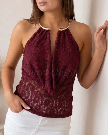 Elegancki top koronkowy burgundowy Italy - biżuteryjne wykończenie