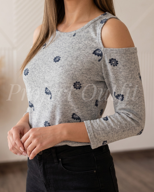 Szara bluzka cold shoulder - wzór kwiatuszki (2 kolory)