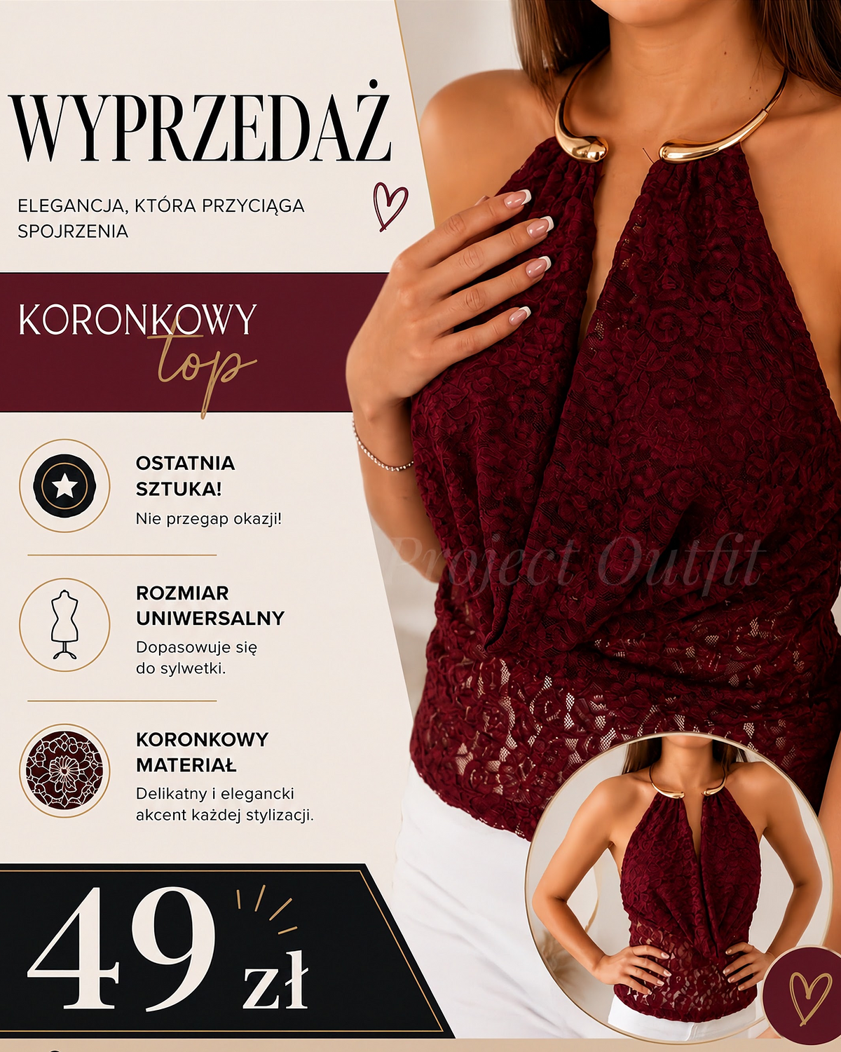 Elegancki top koronkowy burgundowy Italy - biżuteryjne wykończenie