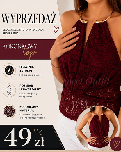 Elegancki top koronkowy burgundowy Italy - biżuteryjne wykończenie