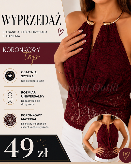 Elegancki top koronkowy burgundowy Italy - biżuteryjne wykończenie