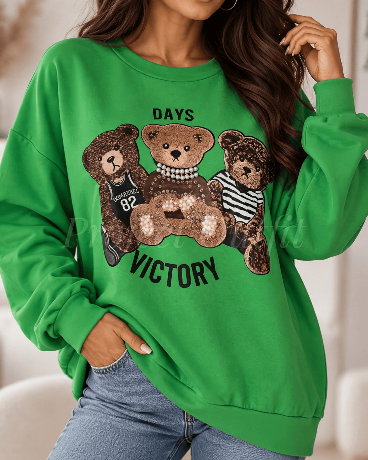 Bluza damska oversize z misiami - zielona