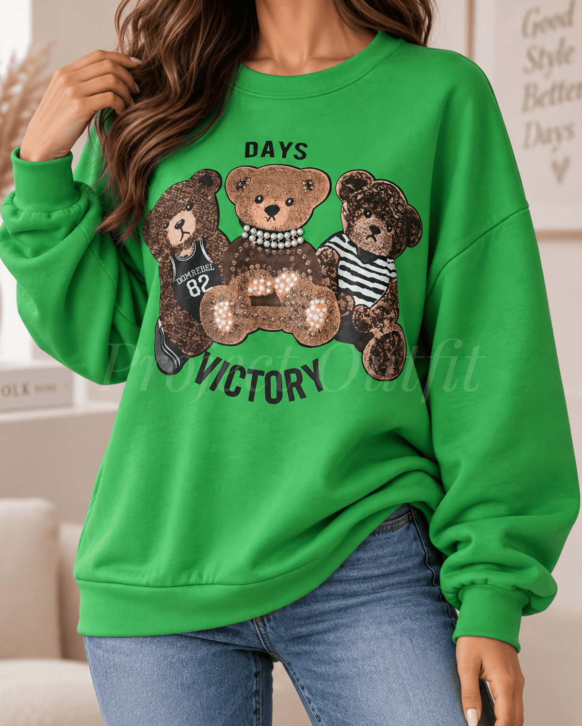 Bluza damska oversize z misiami - zielona
